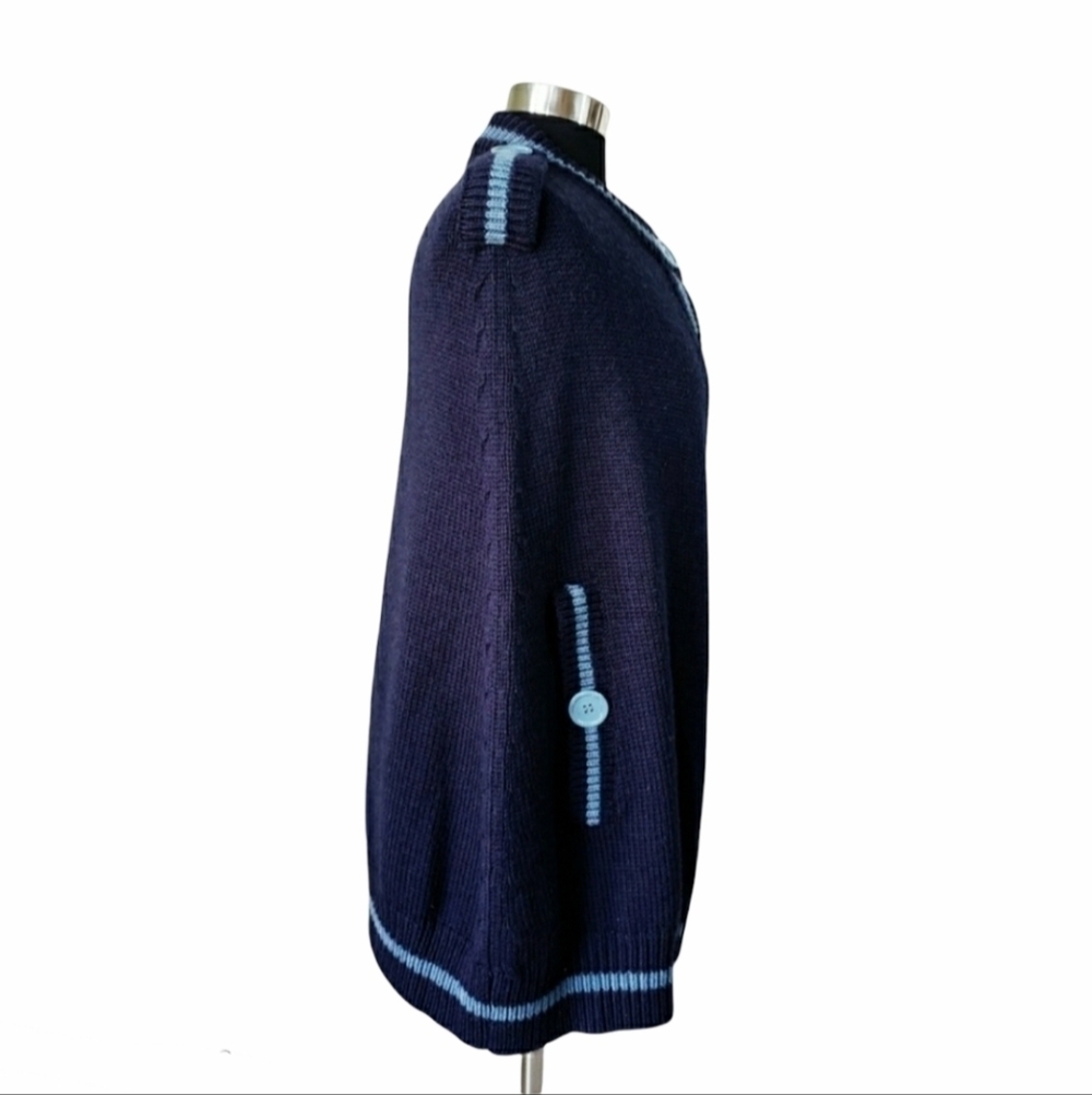 Marc Jacobs Navy Wool Knit Cape Poncho Sweater Contrast Trim Button Preppy M - Picture 3 of 5